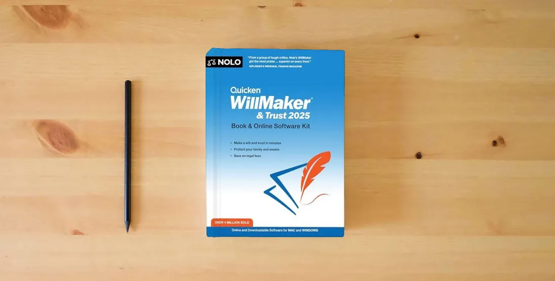 The book Quicken Willmaker & Trust 2025: Book & Online Software Kit} is on the table